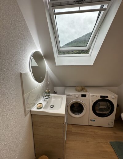 Cette image représente La salle de bain équipée de l'Échappée Verte les Meublés de Luchon